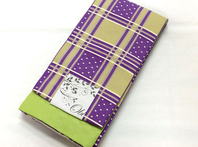 半幅帯 麻帯 浴衣帯 麻100% 日本製 紫×黄色 縞 NO37678